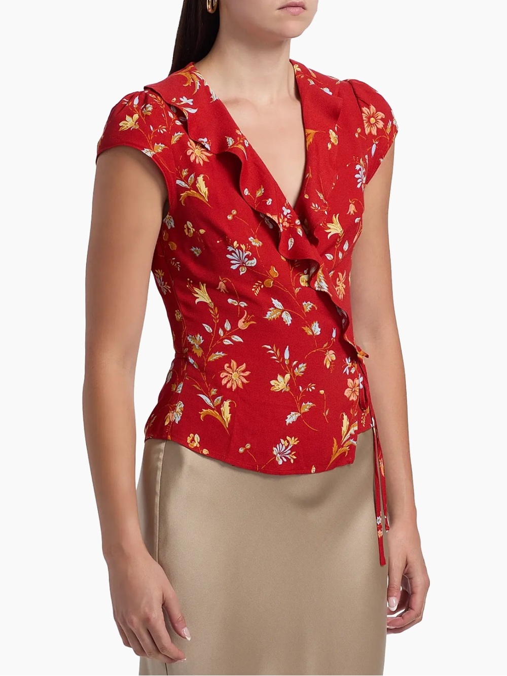 NWT REFORMATION Clemence Top - Red Floral Wrap Top with Ruffle Neck